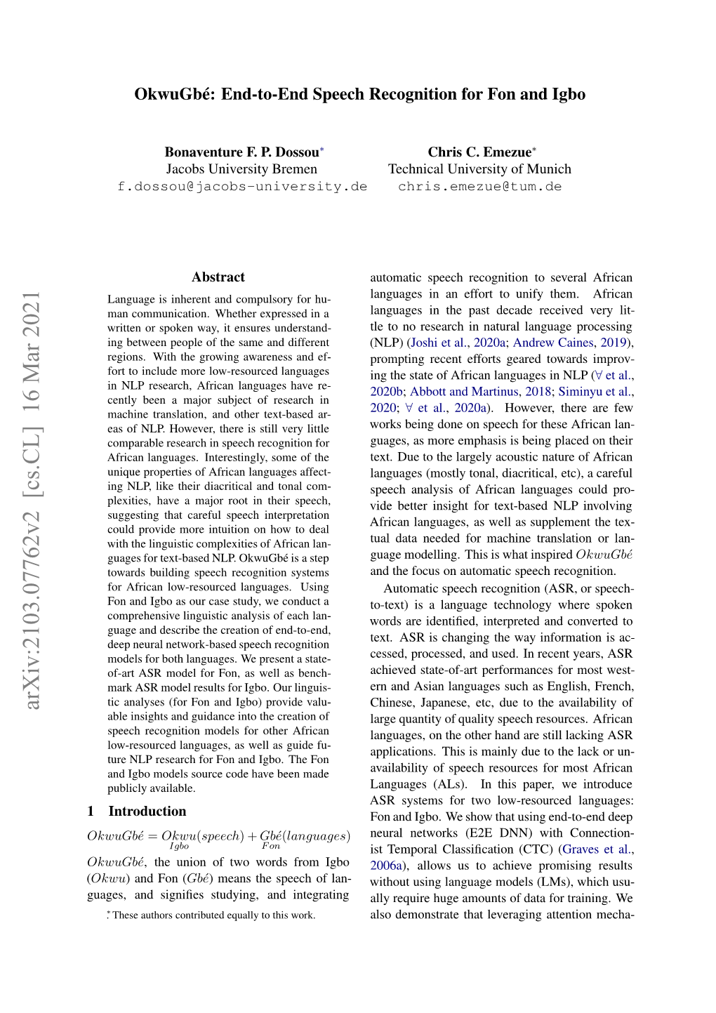 Arxiv:2103.07762V2 [Cs.CL] 16 Mar 2021 ( Okwugb Introduction 1 Okwugb Ugs N Inﬁssuyn,Adintegrating and Studying, Signiﬁes and Guages, Okwu Hs Uhr Otiue Qal Oti Work