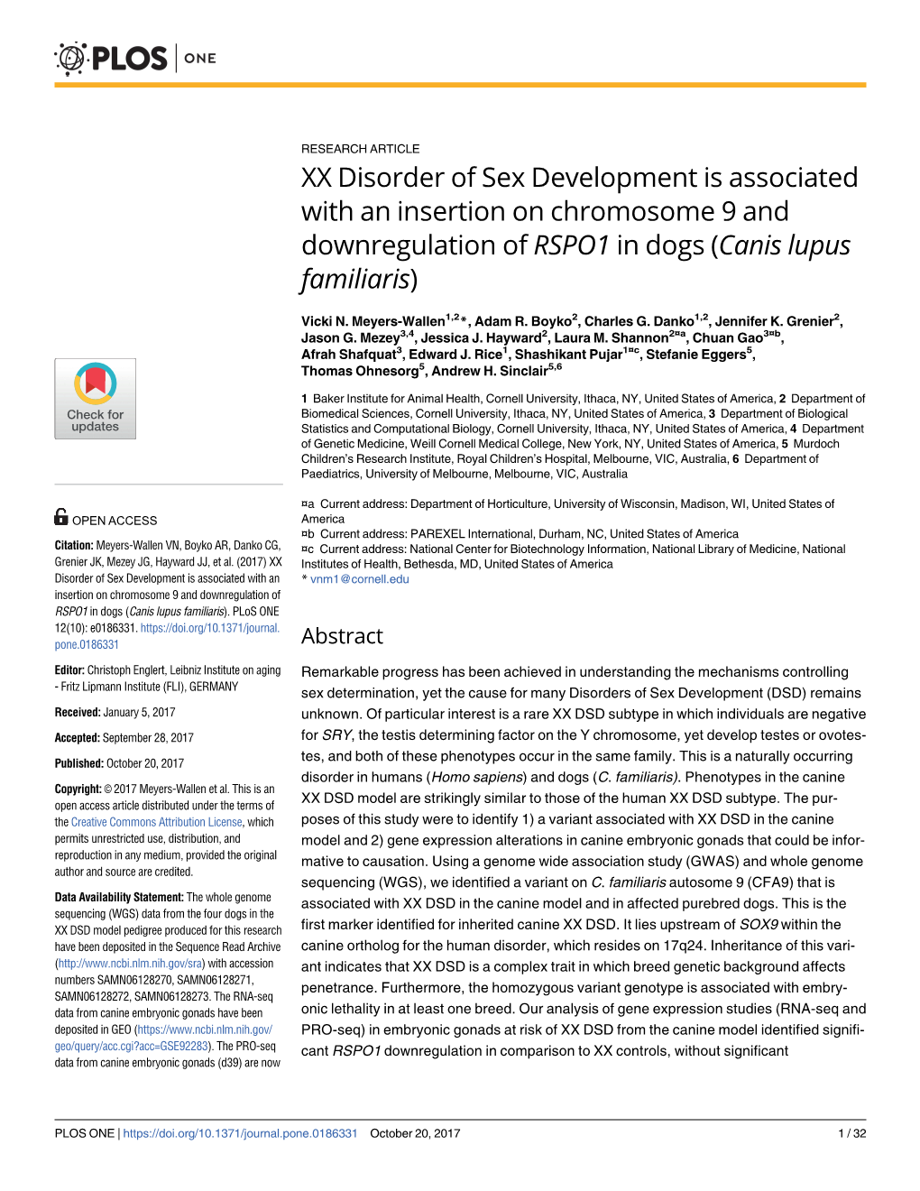 XX Disorder of Sex Development Is Associated with an Insertion on Chromosome 9 and Downregulation of RSPO1 in Dogs (Canis Lupus Familiaris)