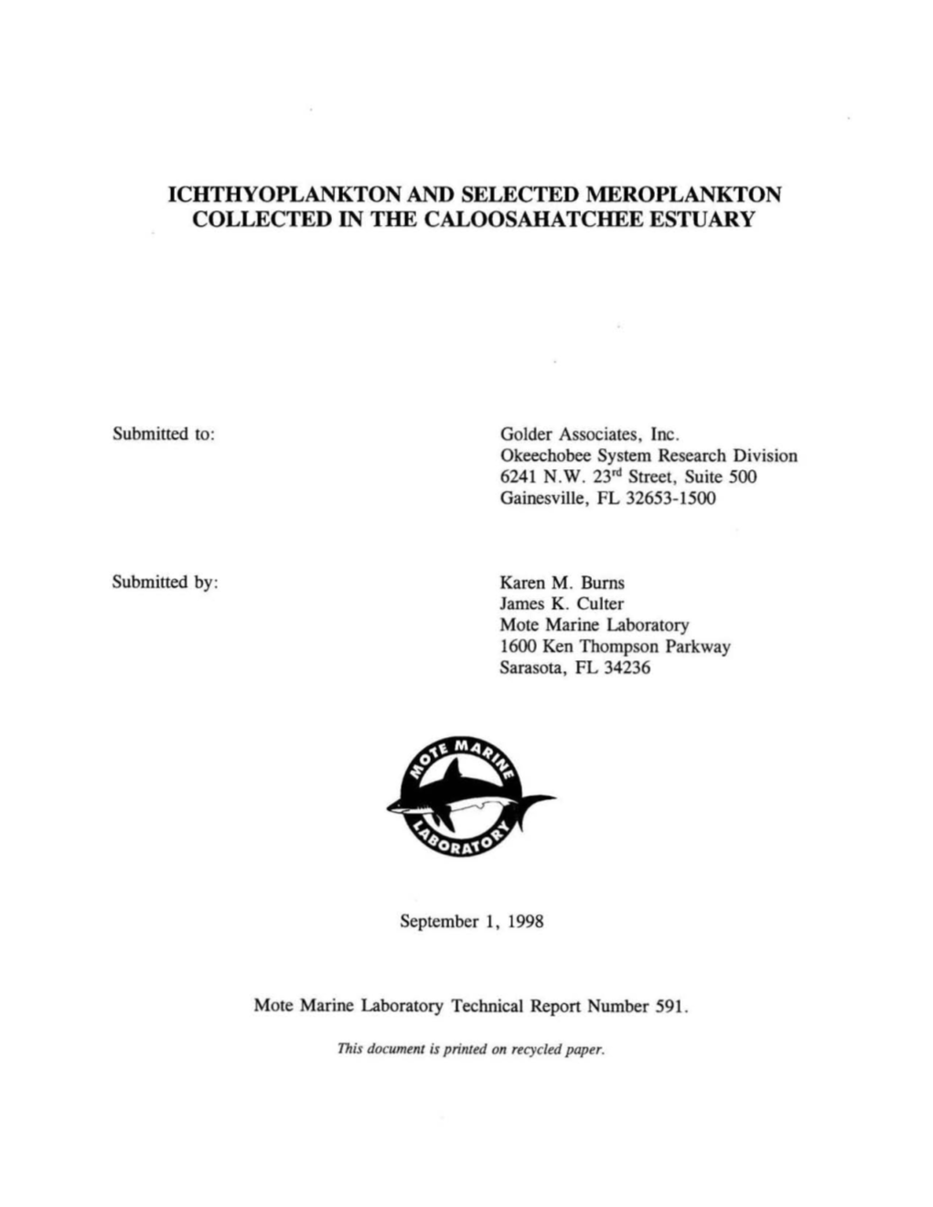 Ichthyoplankton and Selected Meroplankton Collected in the Caloosahatchee Estuary