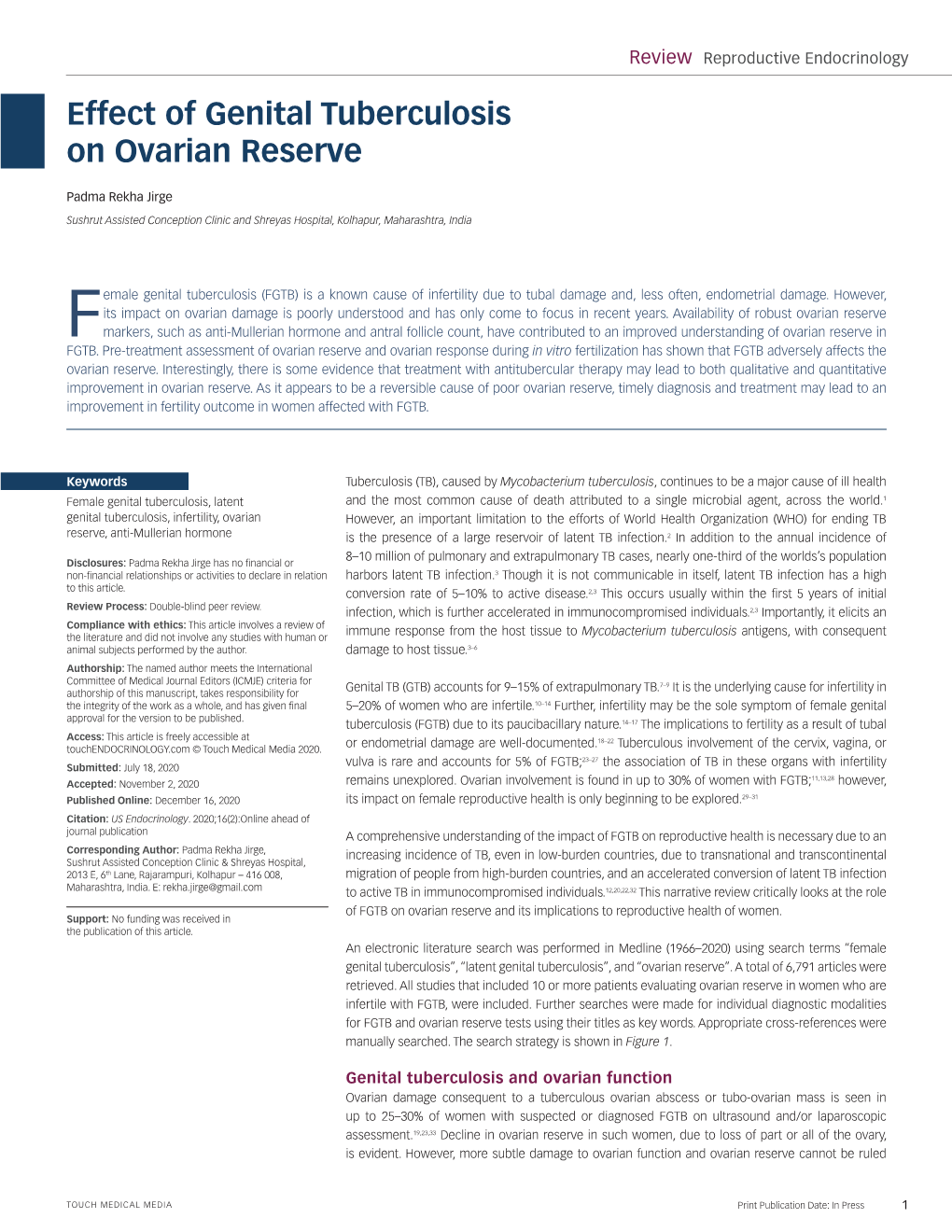 Effect of Genital Tuberculosis on Ovarian Reserve