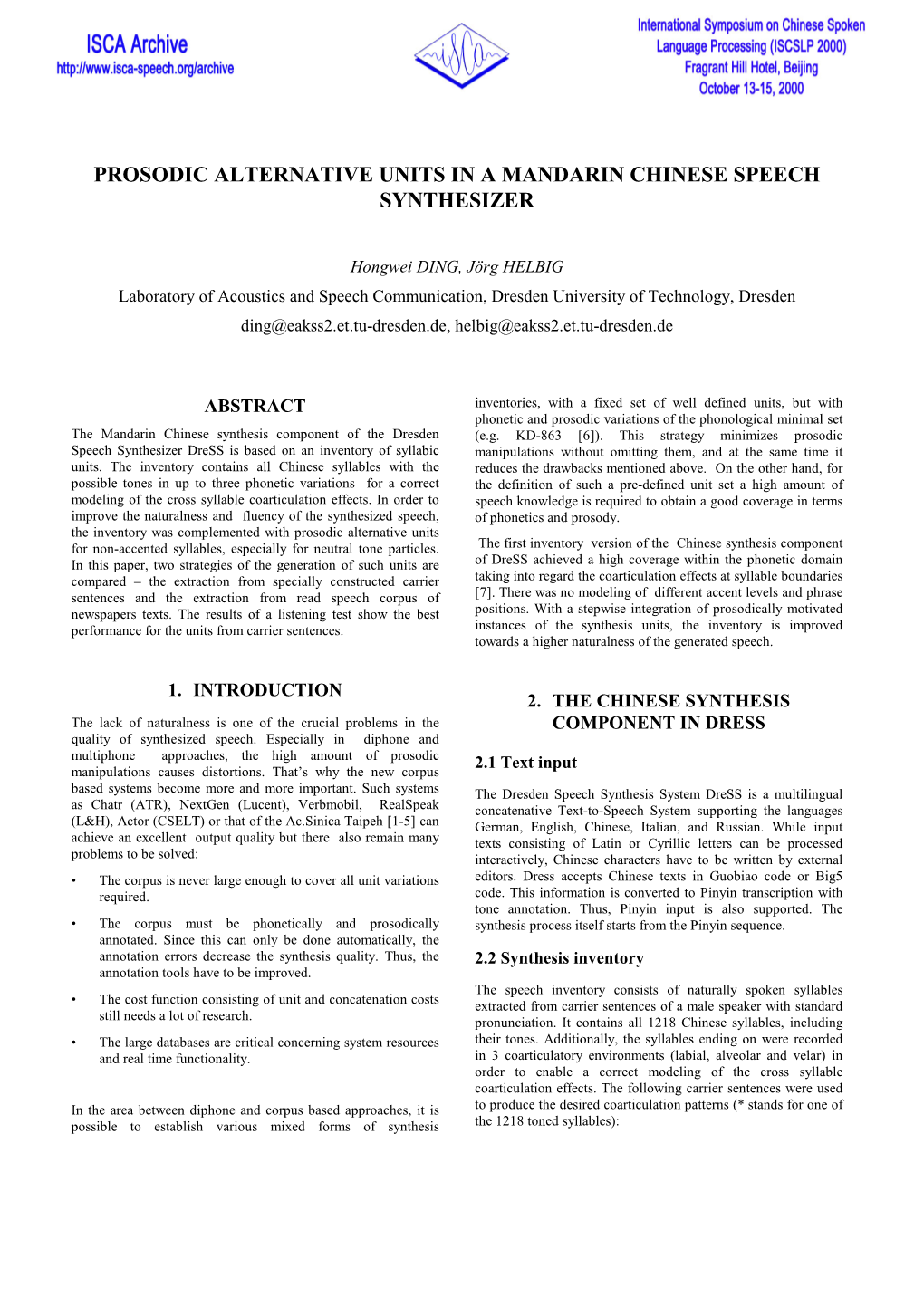 Prosodic Alternative Units in a Mandarin Chinese Speech Synthesizer