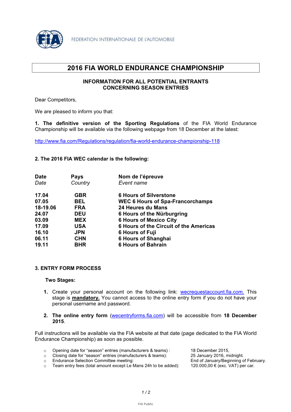 2016 Fia World Endurance Championship
