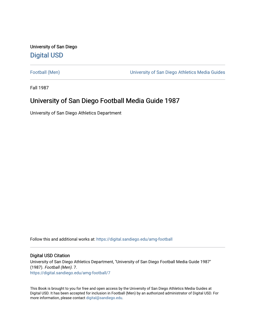 University of San Diego Football Media Guide 1987