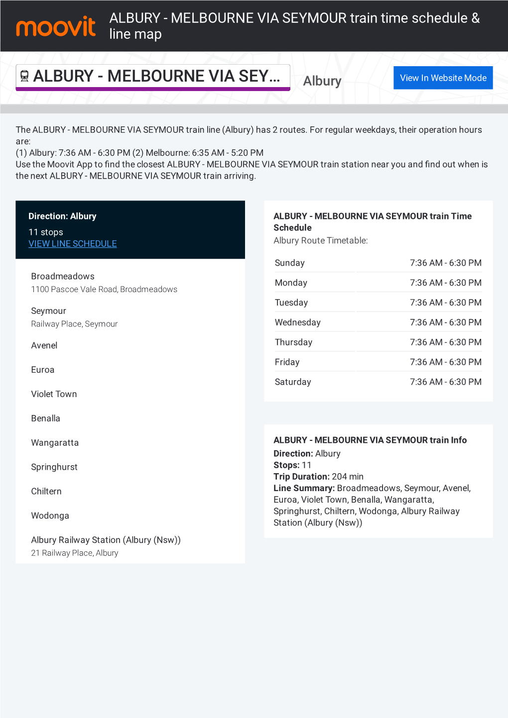 ALBURY - MELBOURNE VIA SEYMOUR Train Time Schedule & Line Map