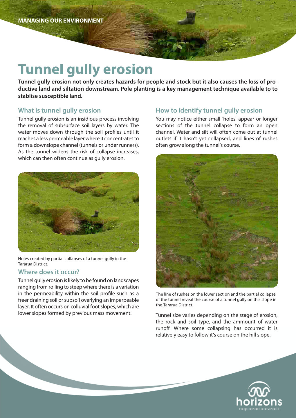 Tunnel Gully Erosion Tunnel Gully Erosion Not Only Creates Hazards for People and Stock but It Also Causes the Loss of Pro- Ductive Land and Siltation Downstream