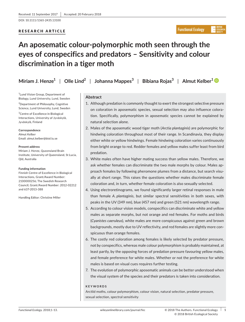 Polymorphic Moth Seen Through the Eyes of Conspecifics and Predators – Sensitivity and Colour Discrimination in a Tiger Moth