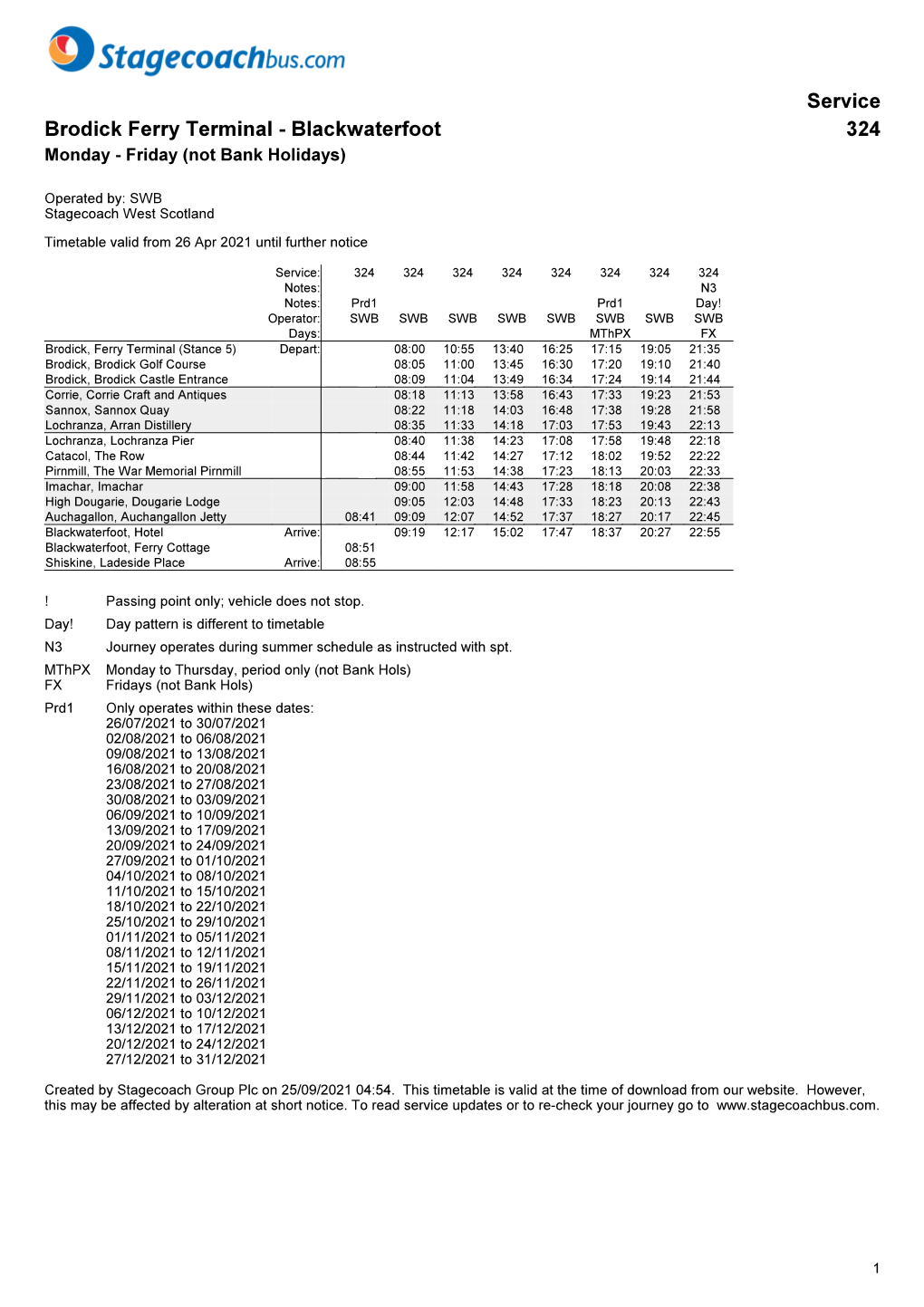 Service Brodick Ferry Terminal - Blackwaterfoot 324 Monday - Friday (Not Bank Holidays)