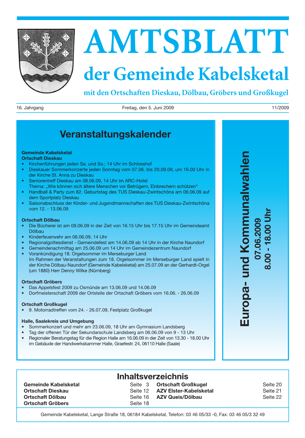 AMTSBLATT Der Gemeinde Kabelsketal Mit Den Ortschaften Dieskau, Dölbau, Gröbers Und Großkugel