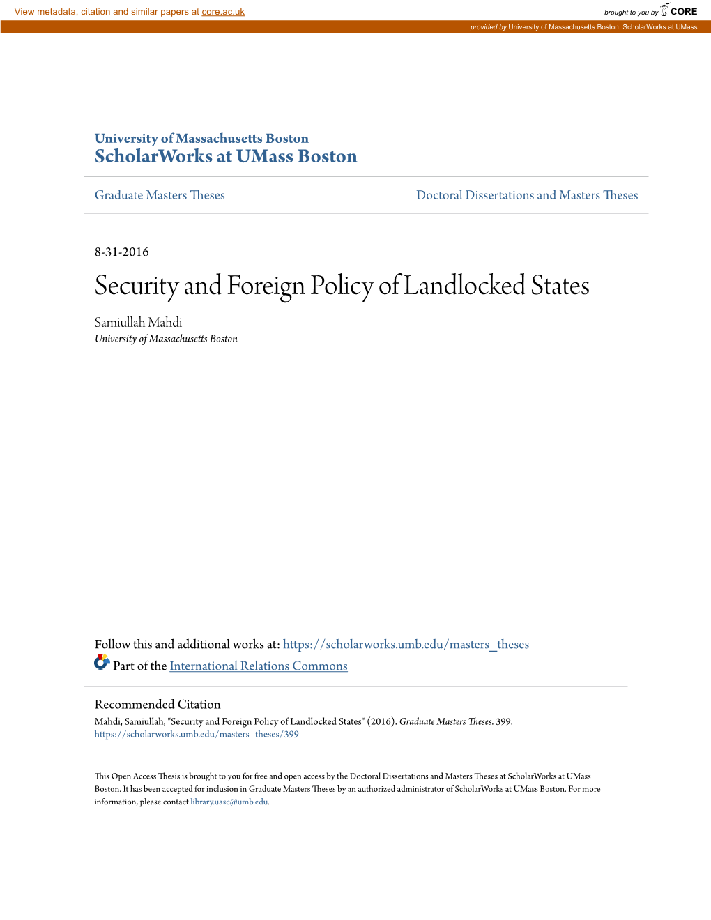 Security and Foreign Policy of Landlocked States Samiullah Mahdi University of Massachusetts Boston