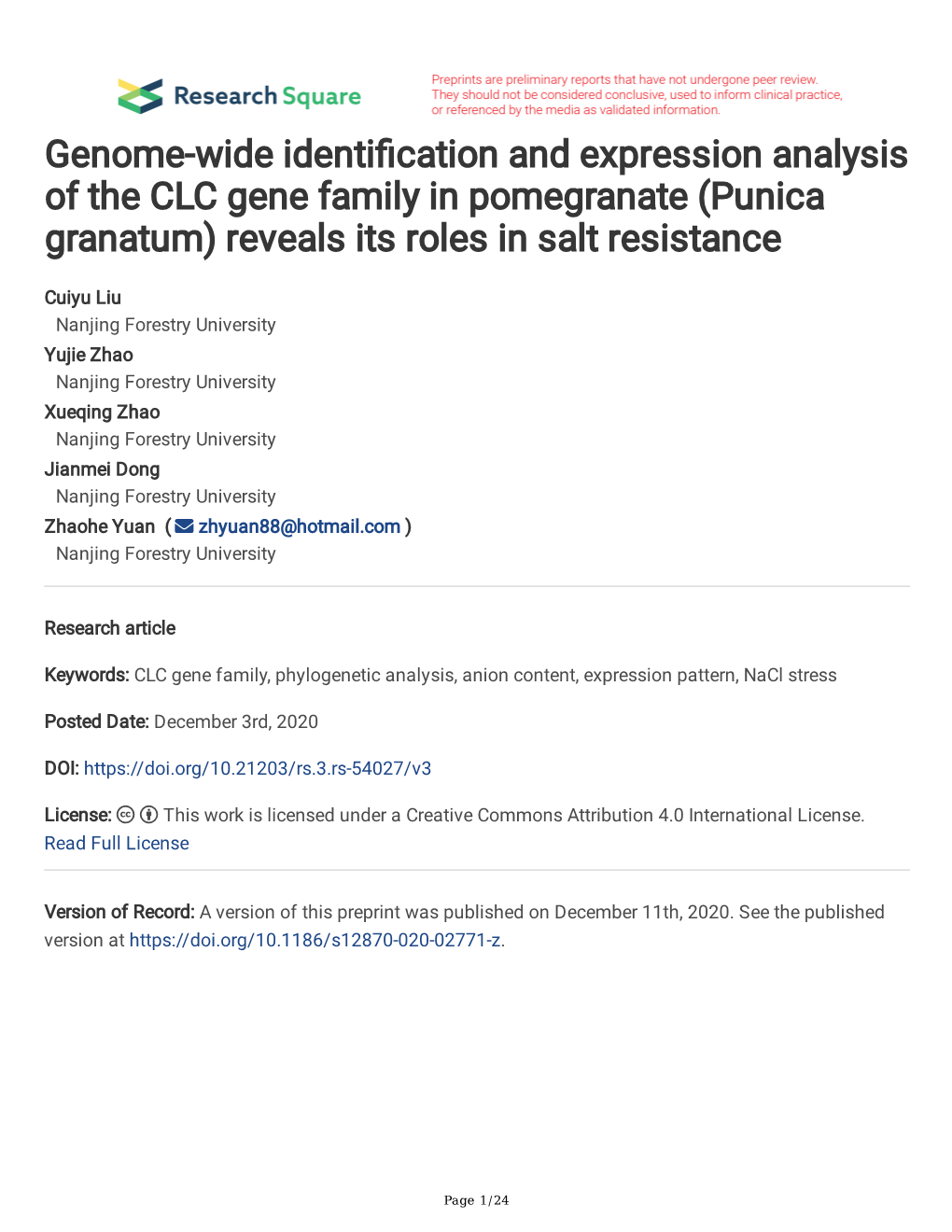Genome-Wide Identi Cation and Expression Analysis of the CLC Gene Family in Pomegranate (Punica Granatum) Reveals Its Roles in S