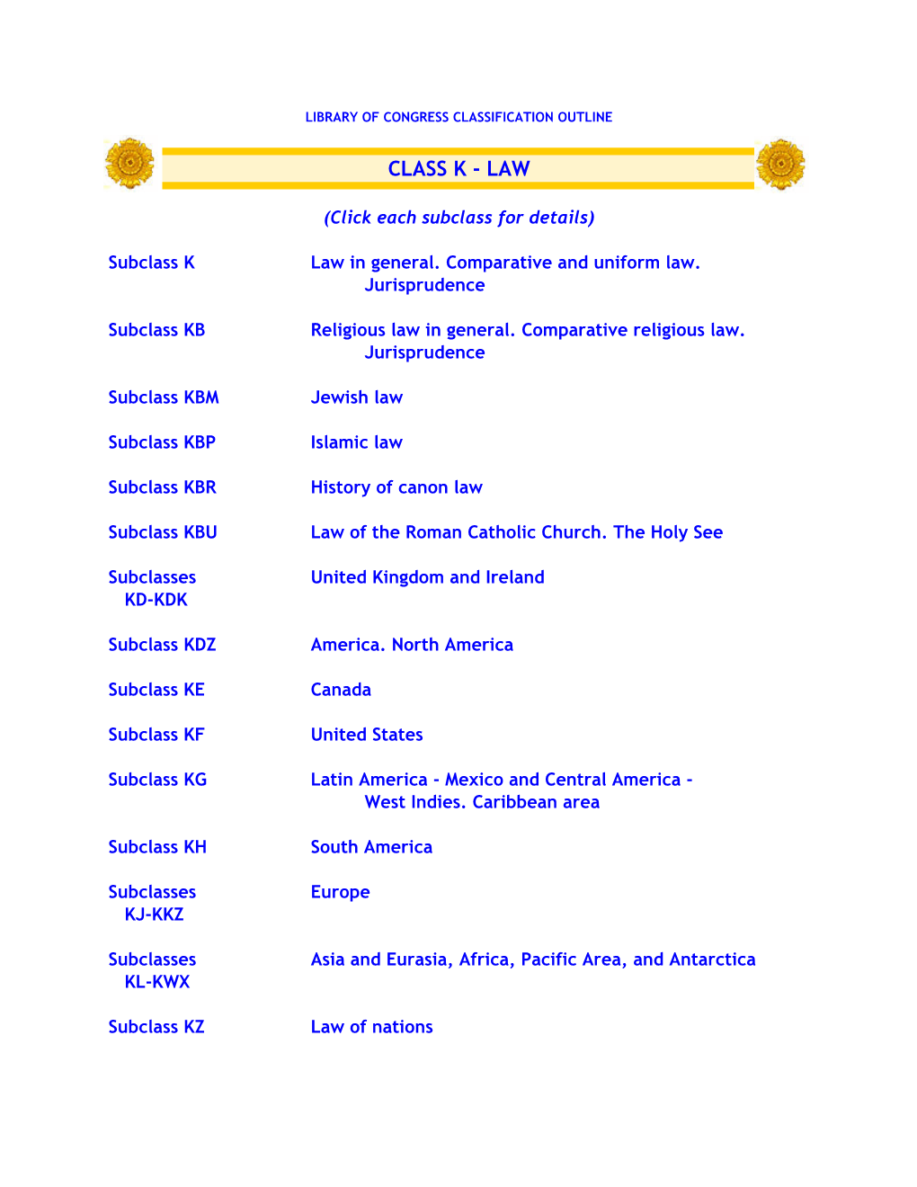 Library of Congress Classification Outline: Class K