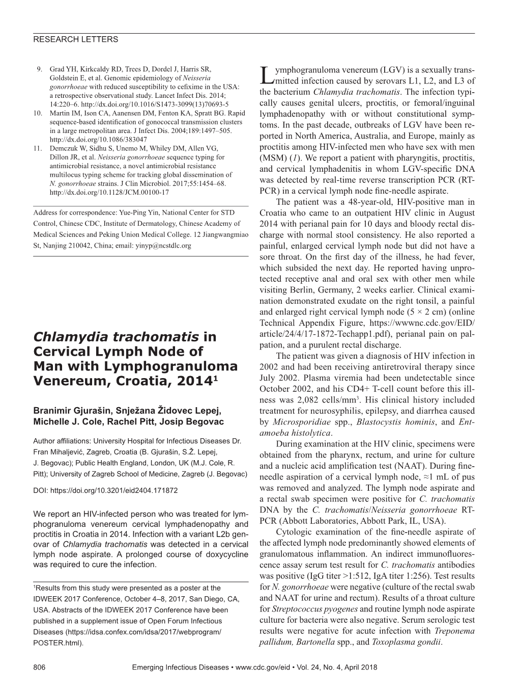 Chlamydia Trachomatis in Cervical Lymph Node of Man with Lymphogranuloma Venereum, Croatia 2014