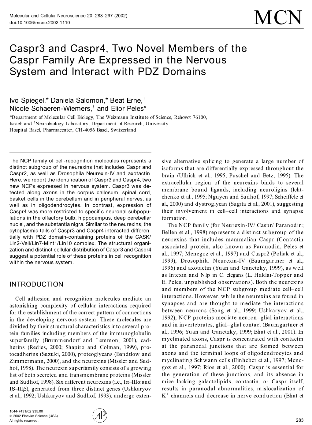 Caspr3 and Caspr4, Two Novel Members of the Caspr Family Are Expressed in the Nervous System and Interact with PDZ Domains