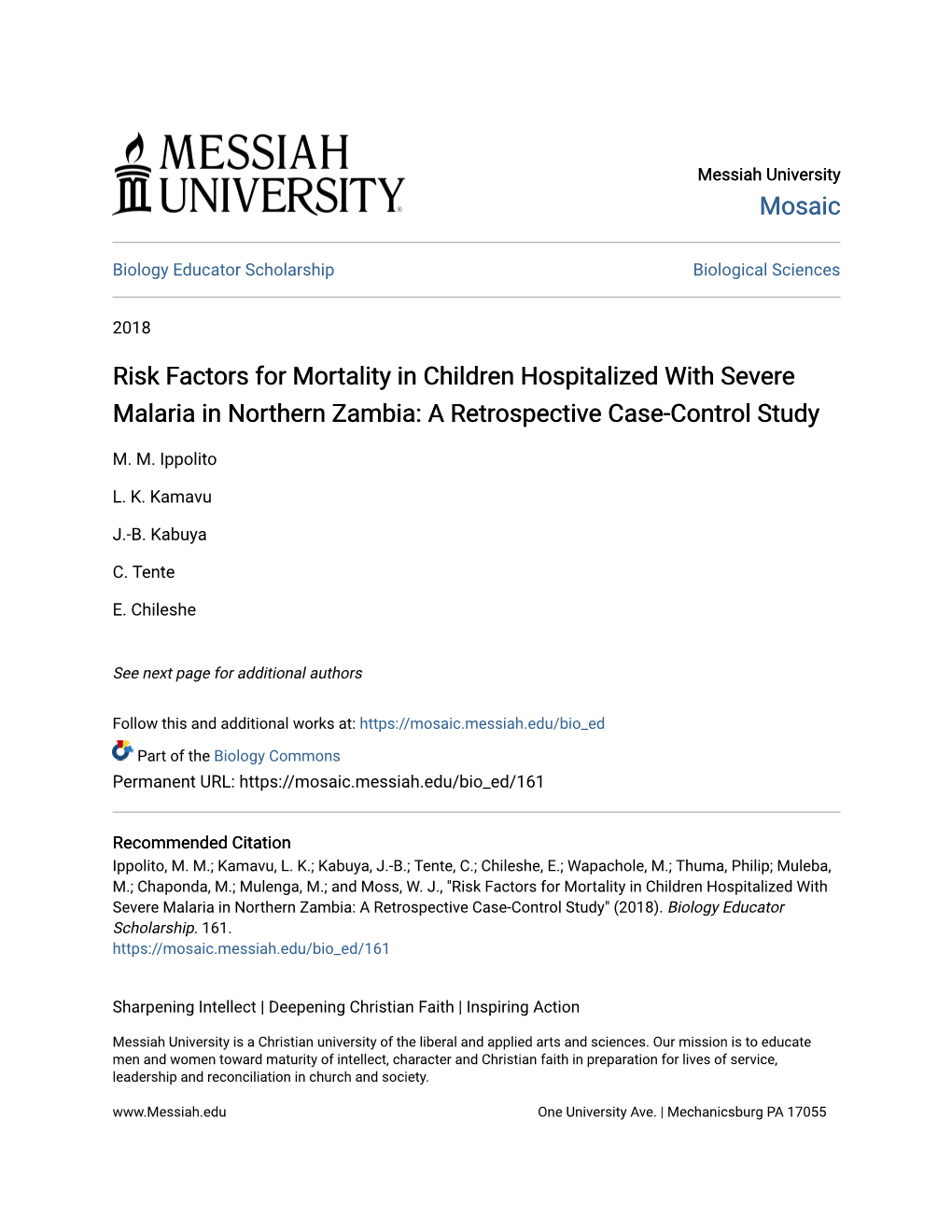 Risk Factors for Mortality in Children Hospitalized with Severe Malaria in Northern Zambia: a Retrospective Case-Control Study