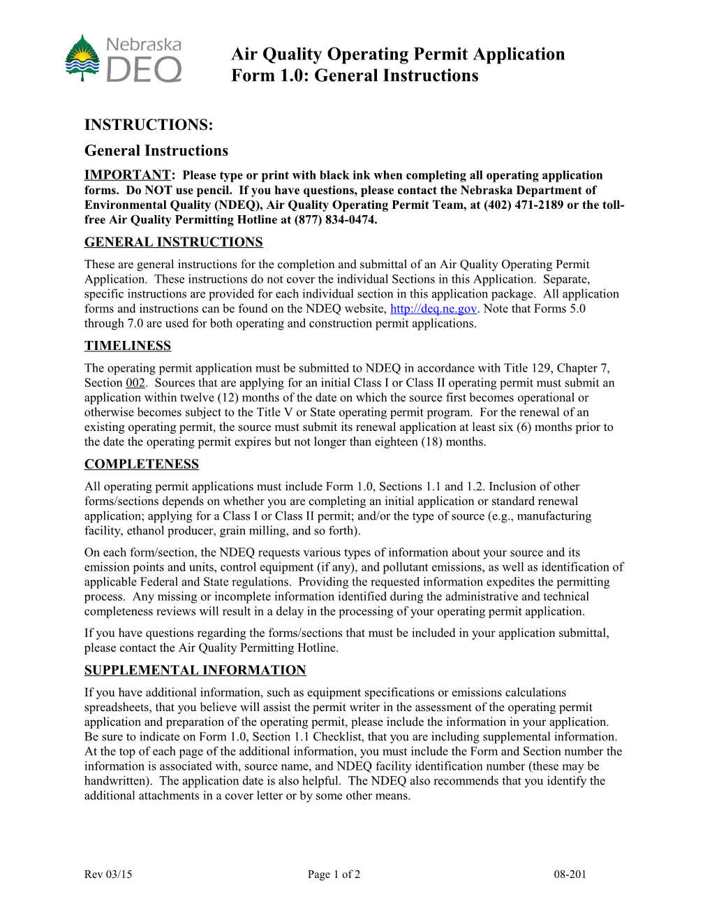 Air Quality Operating Permit Application
