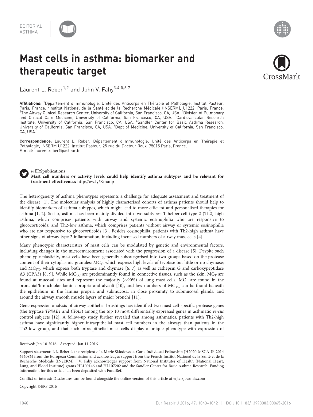 Mast Cells in Asthma: Biomarker and Therapeutic Target