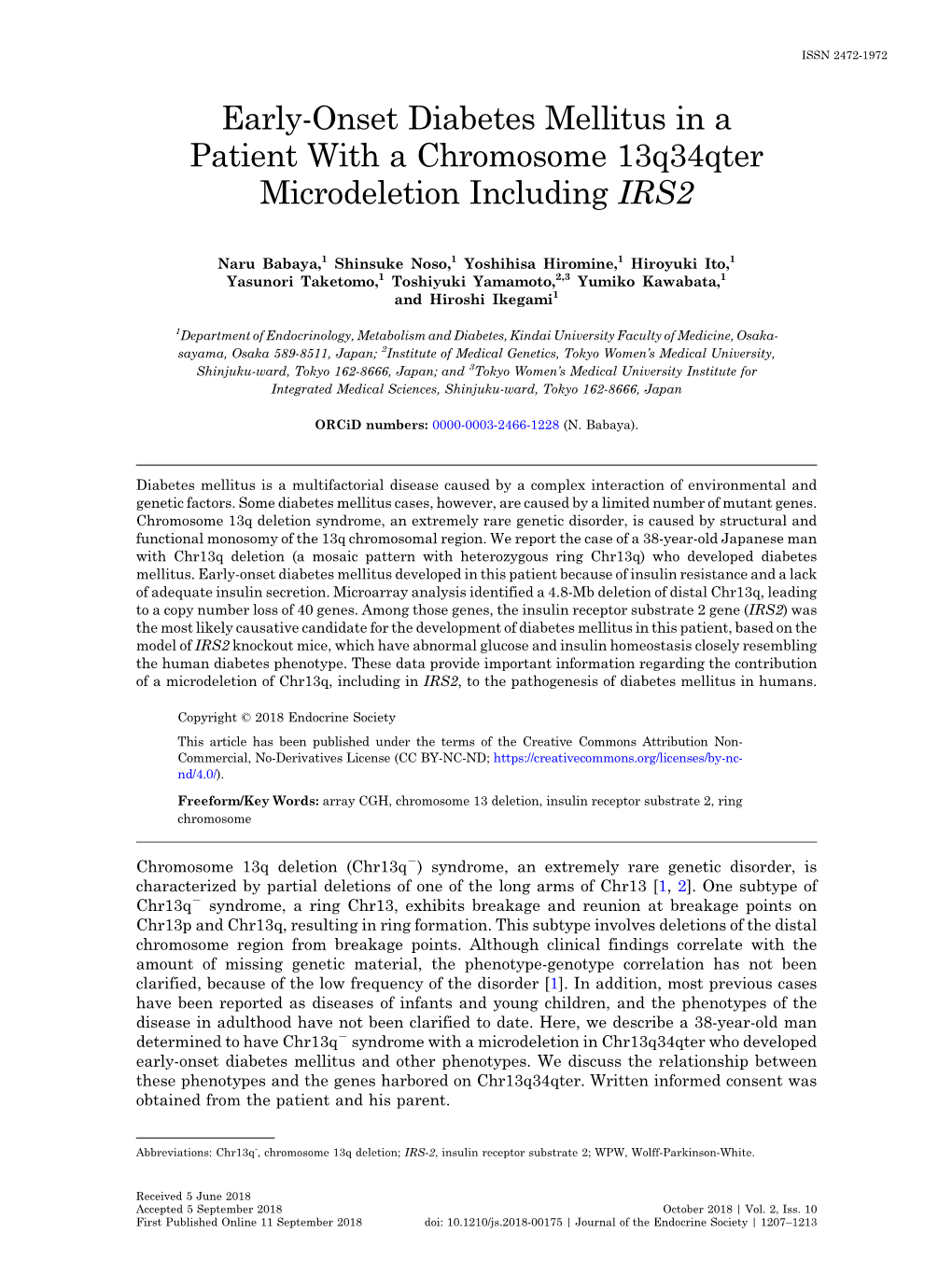 Early-Onset Diabetes Mellitus in a Patient with a Chromosome 13Q34qter Microdeletion Including IRS2