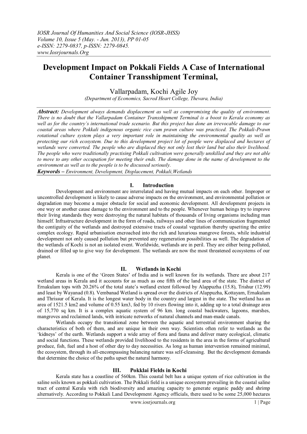 Development Impact on Pokkali Fields a Case of International Container Transshipment Terminal