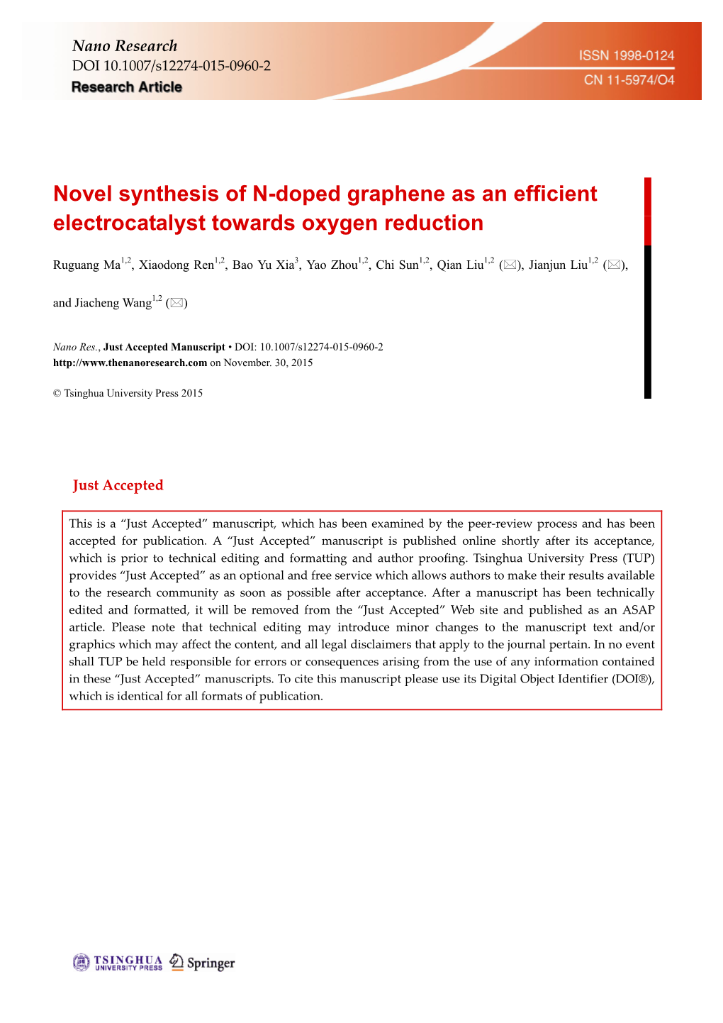 Novel Synthesis of N-Doped Graphene As an Efficient Electrocatalyst Towards Oxygen Reduction