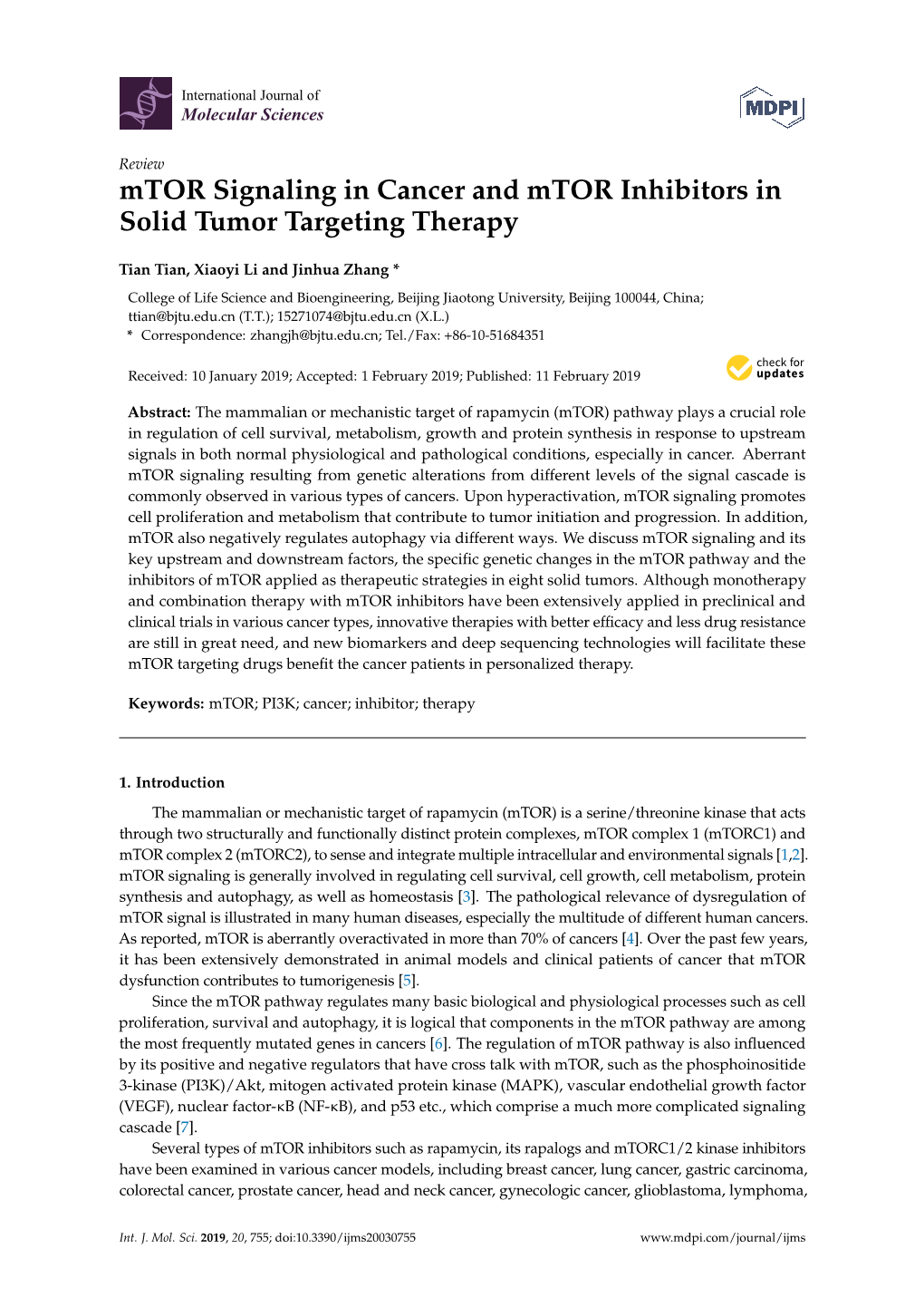 Mtor Signaling in Cancer and Mtor Inhibitors in Solid Tumor Targeting Therapy