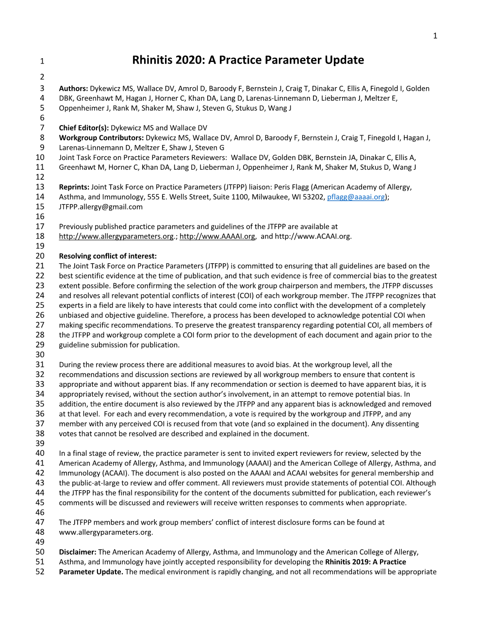 Rhinitis 2020: a Practice Parameter Update