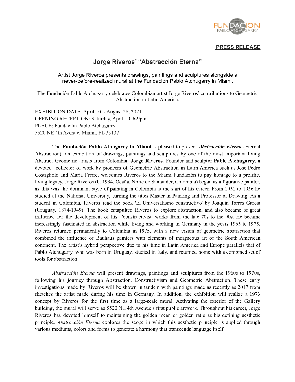 Jorge Riveros Press Release