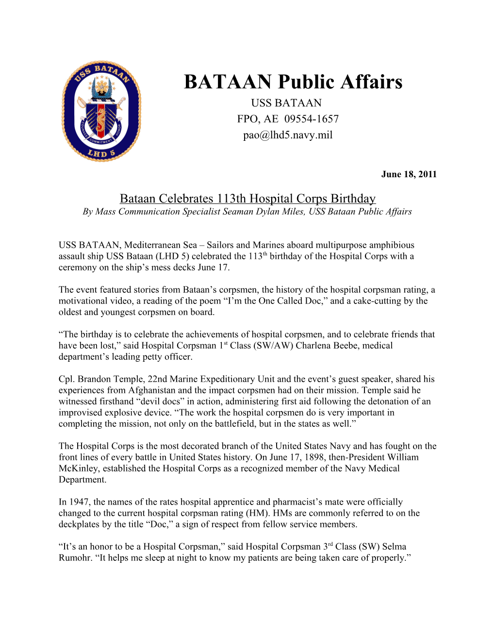 June 18, 2011 Bataan Celebrates 113Th Hospital Corps Birthday by Mass Communication Specialist