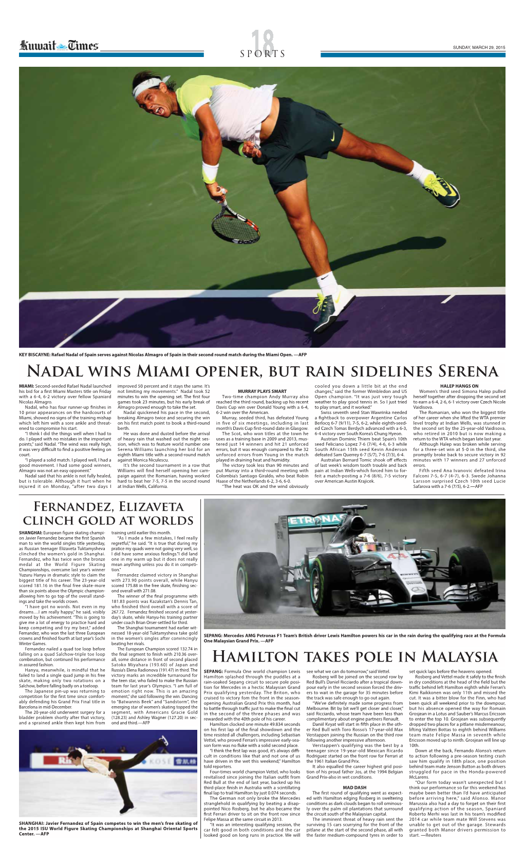 Nadal Wins Miami Opener, but Rain Sidelines Serena