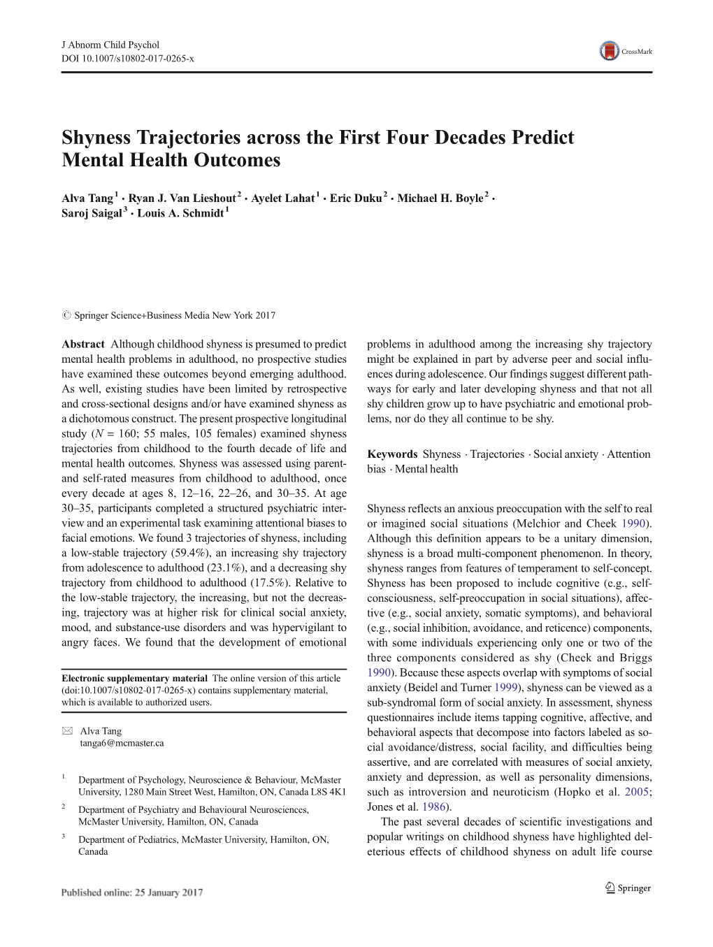 Shyness Trajectories Across the First Four Decades Predict Mental Health Outcomes