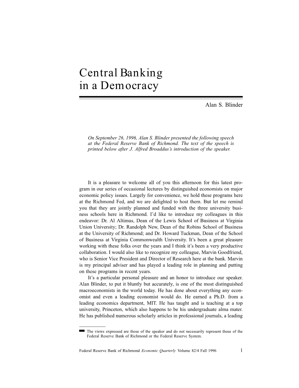 Central Banking in a Democracy