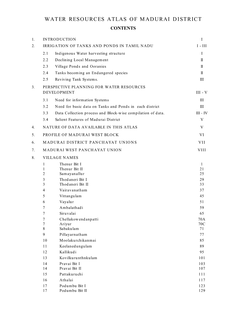 Water Resources Atlas of Madurai District Contents