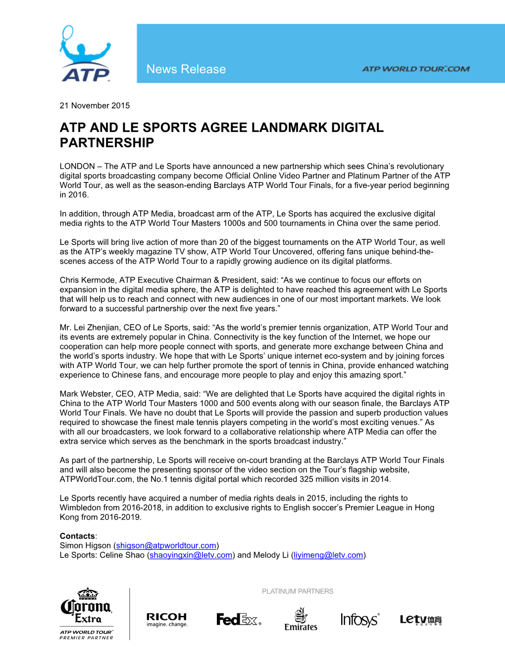 Atp and Le Sports Agree Landmark Digital Partnership