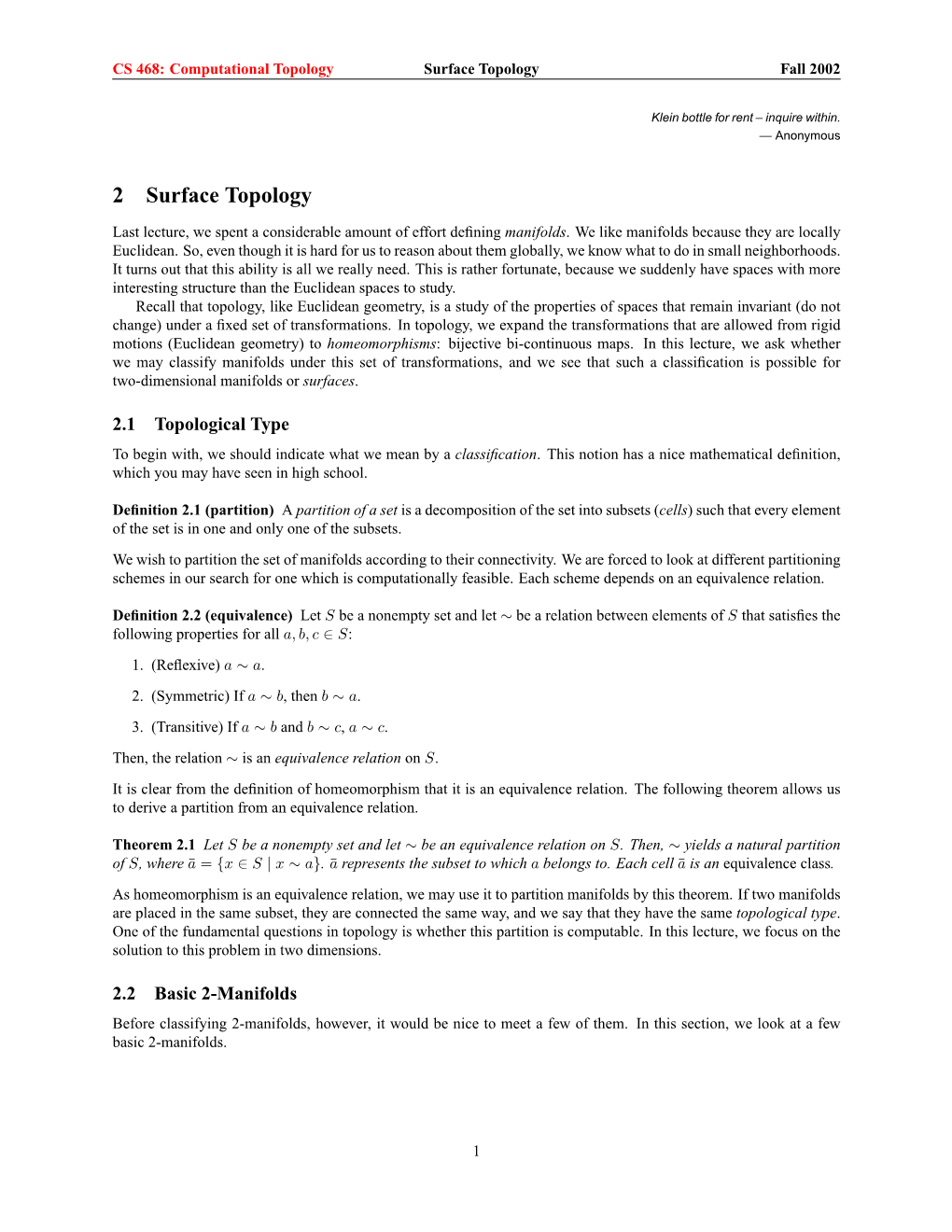 Introduction to Computational Topology Notes