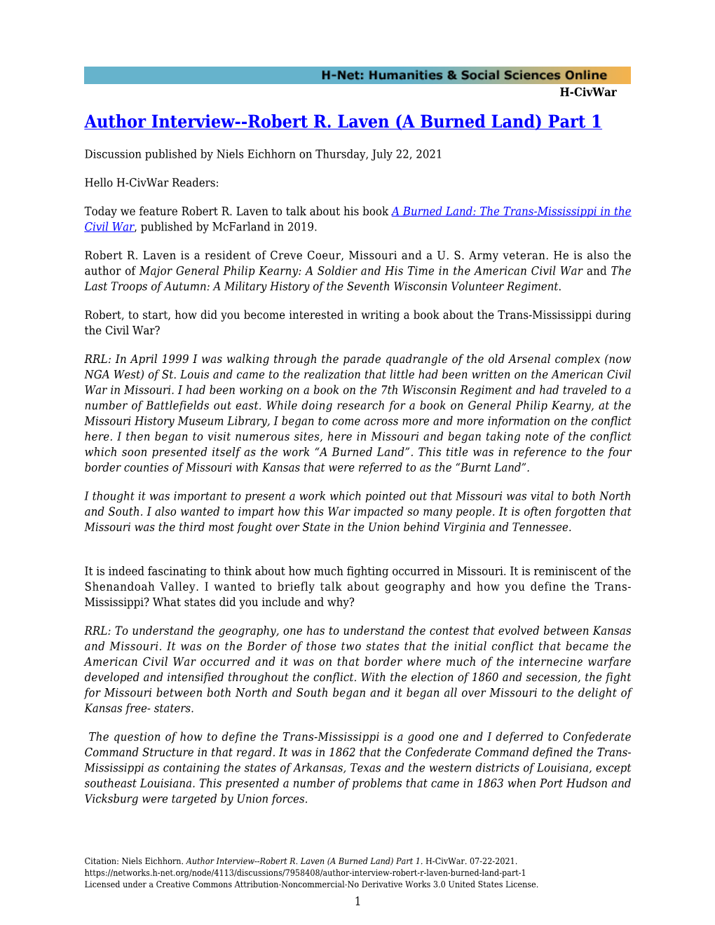 Author Interview--Robert R. Laven (A Burned Land) Part 1