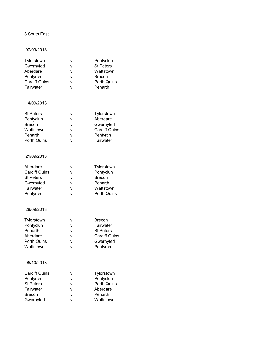 3 South East 07/09/2013 Tylorstown V Pontyclun Gwernyfed V St Peters
