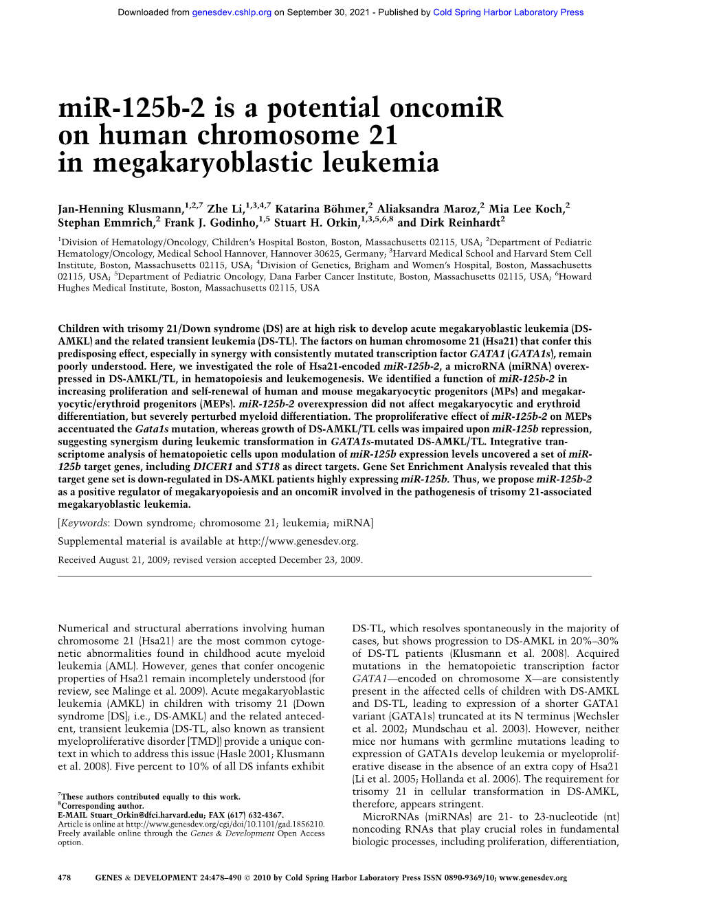 Mir-125B-2 Is a Potential Oncomir on Human Chromosome 21 in Megakaryoblastic Leukemia