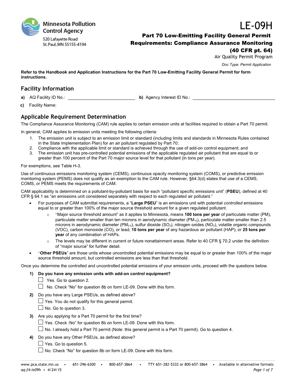 LE-09H Part 70 Low-Emitting Facility General Permit Requirements: Compliance Assurance