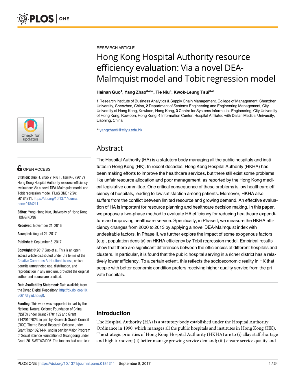 Hong Kong Hospital Authority Resource Efficiency Evaluation: Via a Novel DEA- Malmquist Model and Tobit Regression Model