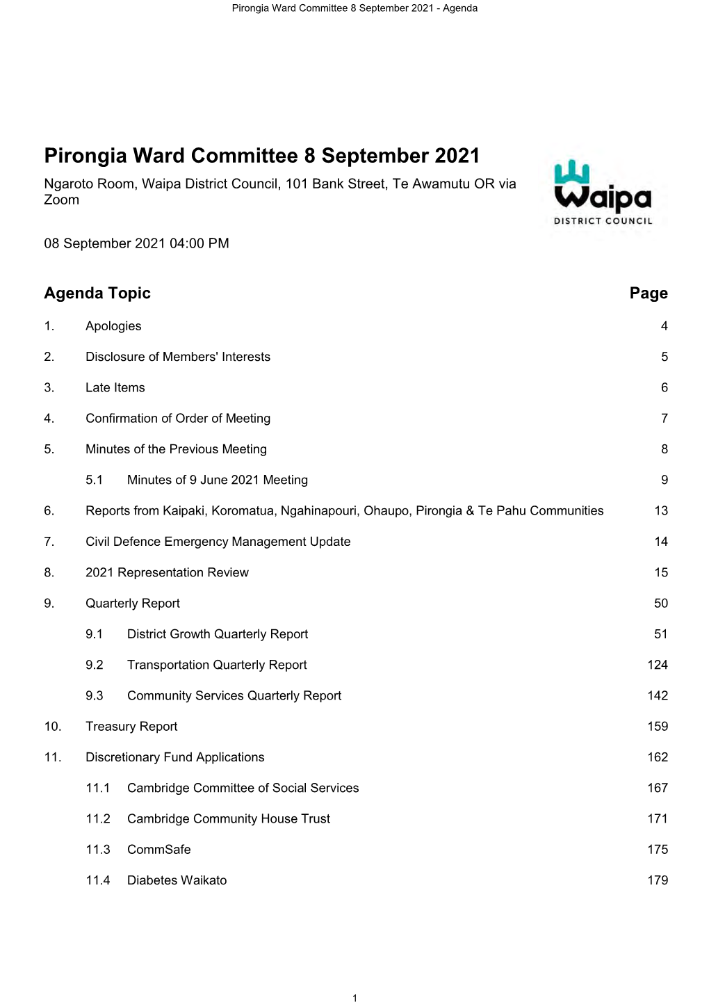 Pirongia Ward Committee Agenda 8 September 2021