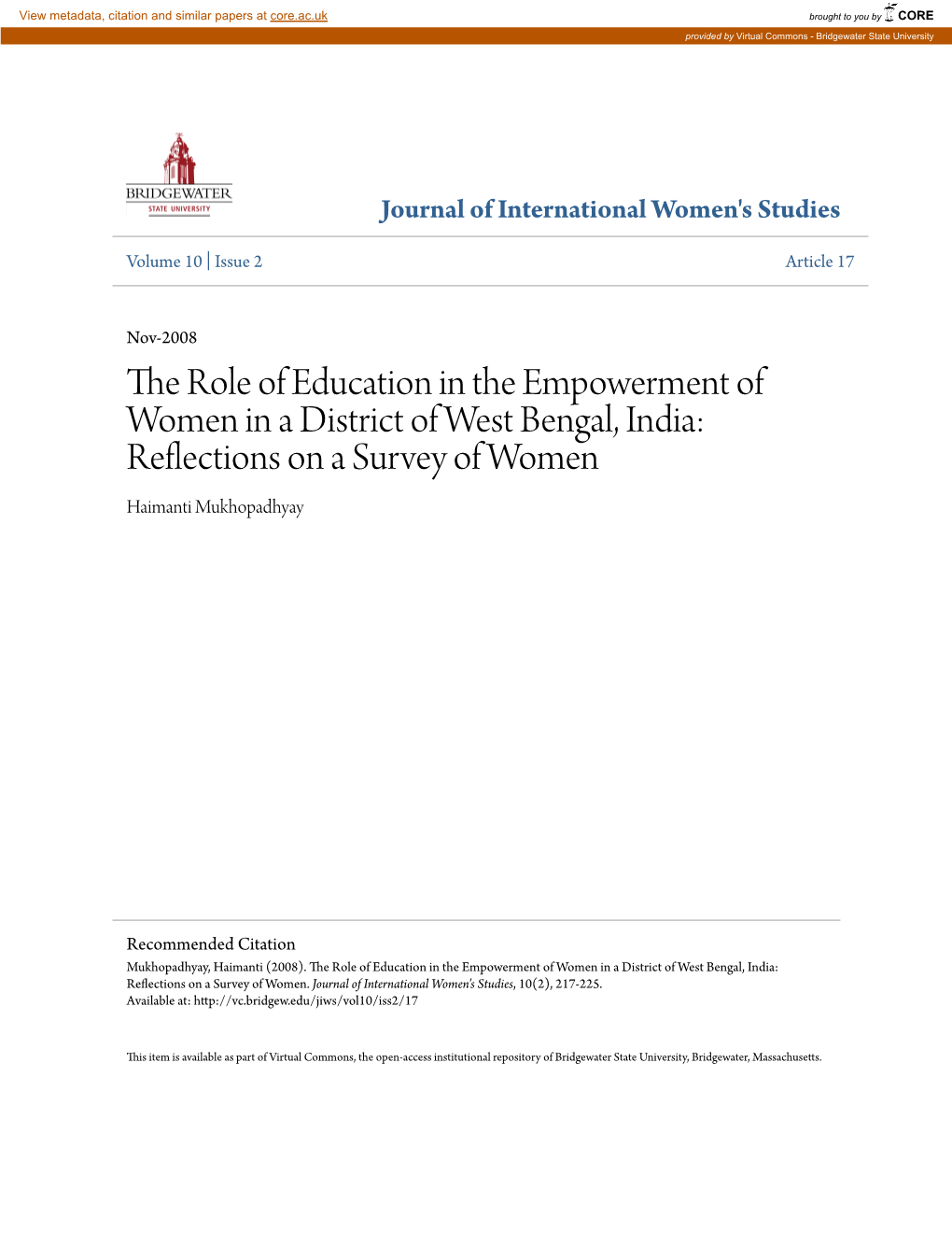 Reflections on a Survey of Women Haimanti Mukhopadhyay