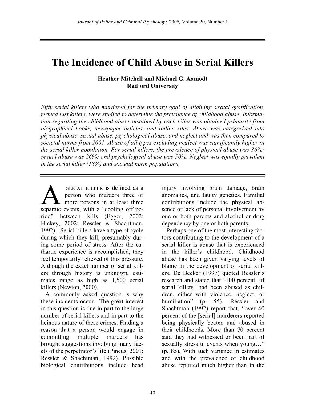 The Incidence of Child Abuse in Serial Killers