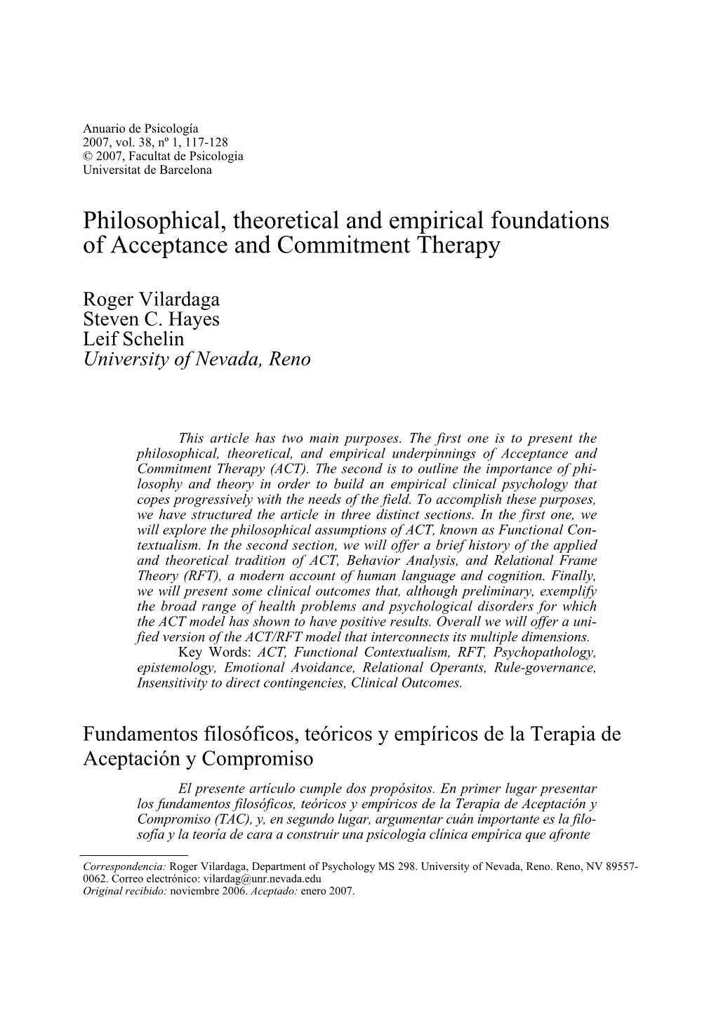 Philosophical, Theoretical and Empirical Foundations of Acceptance and Commitment Therapy