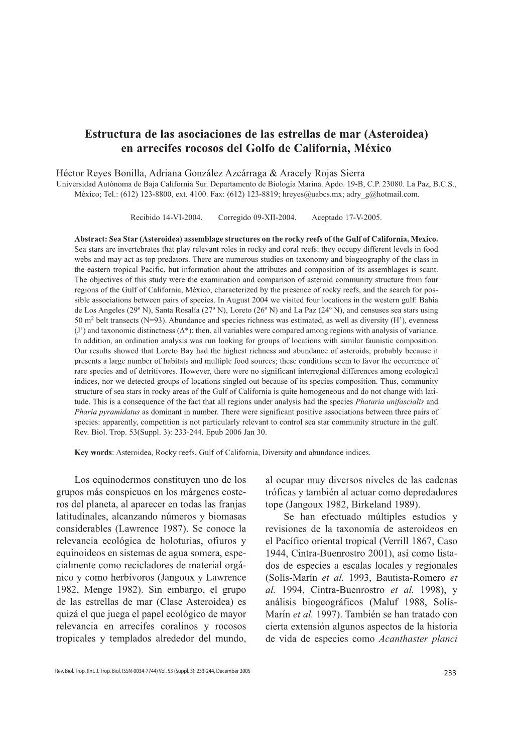 Estructura De Las Asociaciones De Las Estrellas De Mar (Asteroidea) En Arrecifes Rocosos Del Golfo De California, México