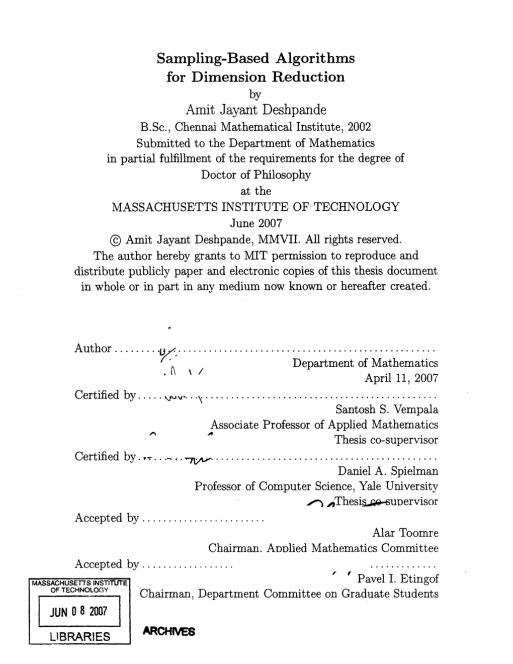 Sampling-Based Algorithms for Dimension Reduction Amit Jayant