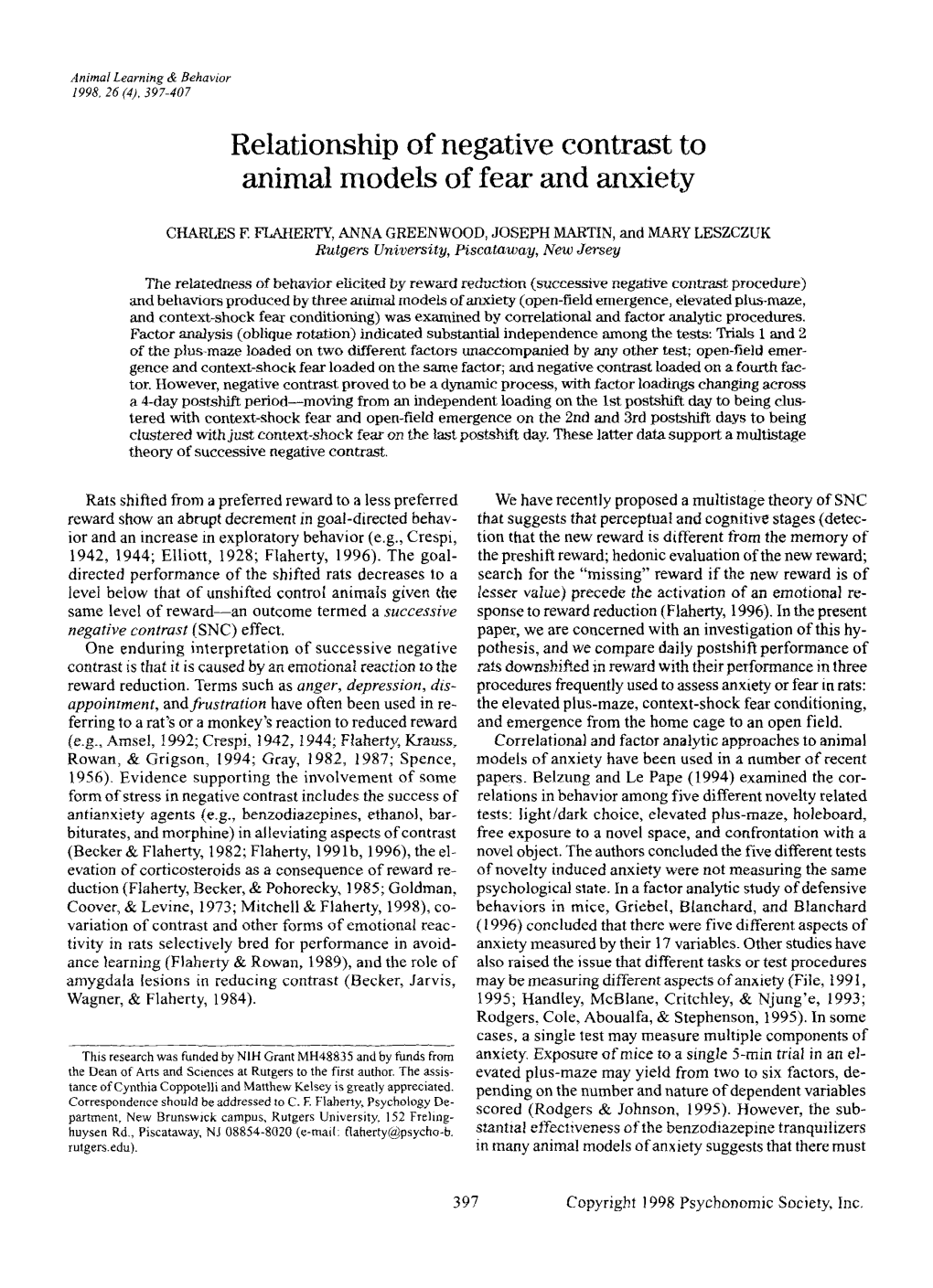 Relationship of Negative Contrast to Animal Models of Fear and Anxiety