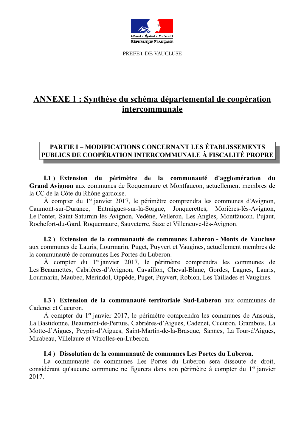 ANNEXE 1 : Synthèse Du Schéma Départemental De Coopération Intercommunale