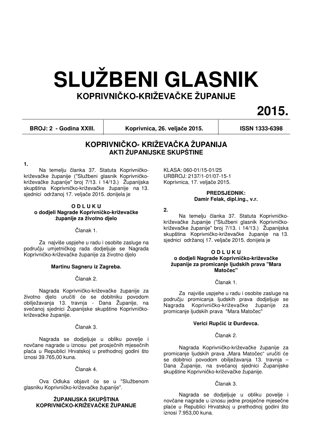 Službeni Glasnik Koprivni Čko-Križeva Čke Županije