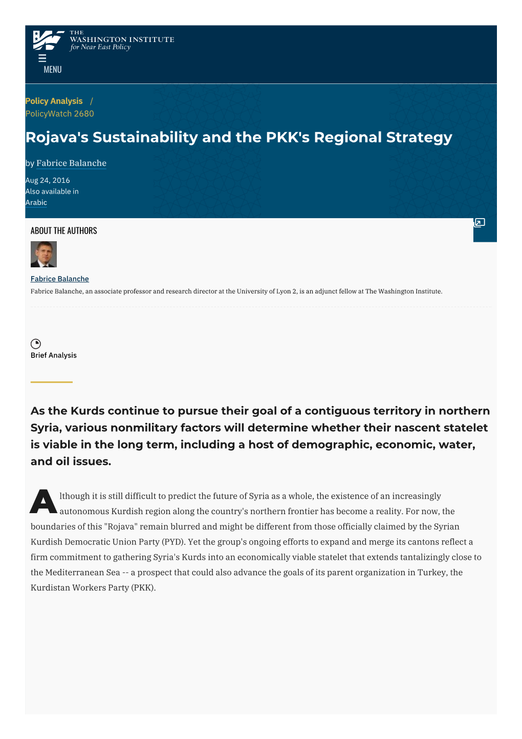 Rojava's Sustainability and the PKK's Regional Strategy by Fabrice Balanche