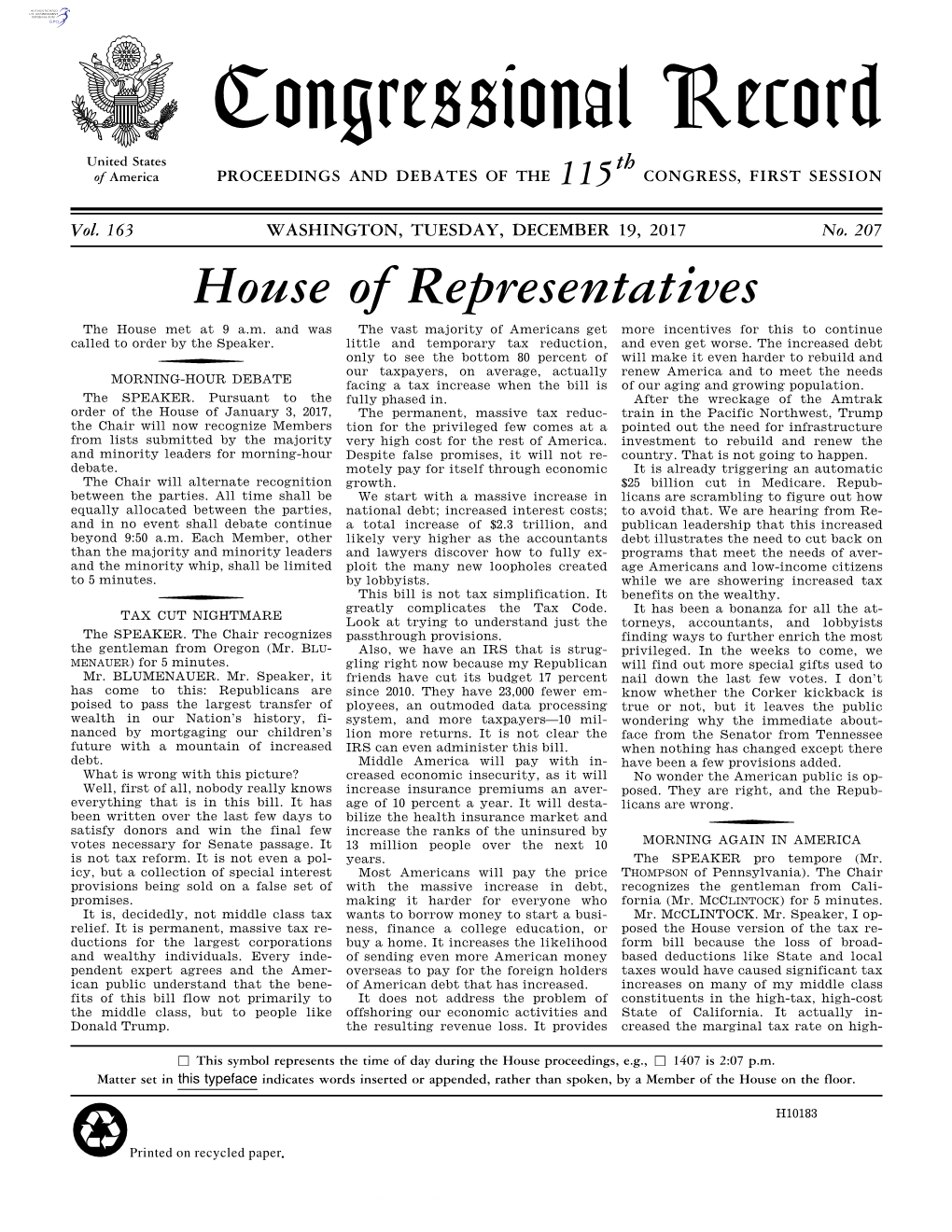 Congressional Record United States Th of America PROCEEDINGS and DEBATES of the 115 CONGRESS, FIRST SESSION