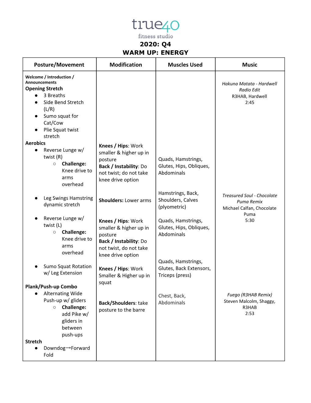 2020: Q4 WARM UP: ENERGY Posture/Movement Modification Muscles Used Music